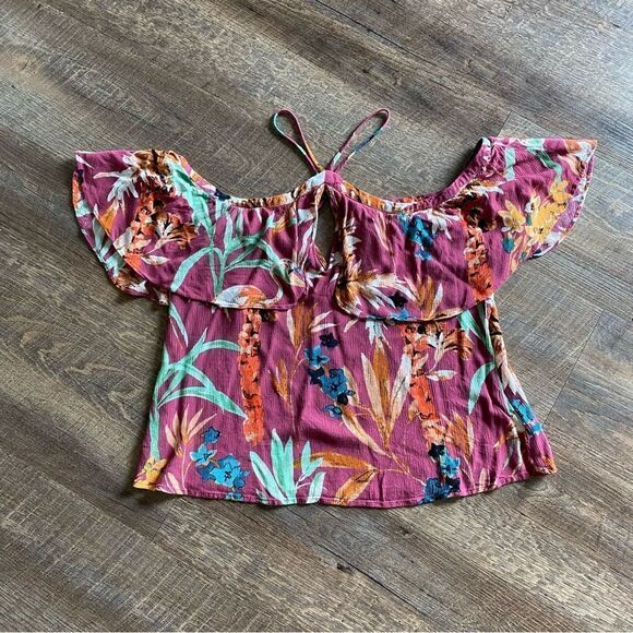 Express Top Floral Off Shoulder Tropical Ruffle Hawaiian Pink Purple - Picture 8 of 13